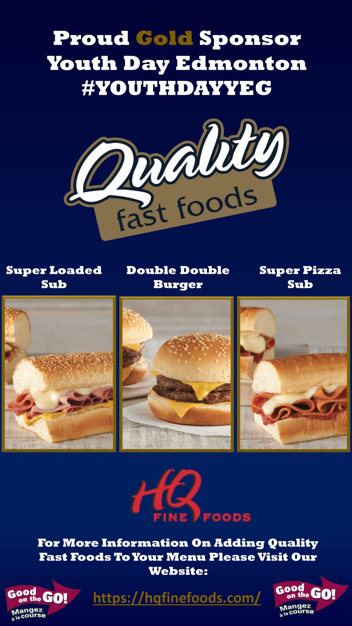 Quality Fast Foods Sponsorship Image showcasing several Quality Fast Foods sandwiches and their role as a Gold sponsor for Youth Day Edmonton